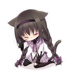  akemi_homura akira_(ku0427) animal_ears braid cat_ears cat_tail chibi closed_eyes kemonomimi_mode mahou_shoujo_madoka_magica pantyhose sitting solo spoilers tail tears twin_braids wariza 