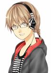  bad_id bad_pixiv_id brown_eyes brown_hair glasses headphones hood hood_down hoodie kamata_yuuya original shirt shure smile solo striped striped_shirt 