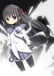  akemi_homura amaa_(chou_dennou_jidai) bad_id bad_pixiv_id black_hair clenched_hands electricity glowing long_hair magical_girl mahou_shoujo_madoka_magica pantyhose purple_eyes ribbon solo wings 