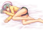  :o aqua_hair ass bangs barefoot bed blue_panties casual child dutch_angle feet flat_chest from_above fujimutsu green_eyes hair_ornament hat legs luca_(yuu-gi-ou) lying on_side open_clothes open_mouth open_shirt panties pantyshot pantyshot_(lying) shirt short_shorts short_twintails shorts sidelocks solo twintails underwear upshorts yuu-gi-ou yuu-gi-ou_5d's 