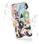  aqua_eyes aqua_hair arm_support bare_shoulders black_legwear blonde_hair blue_eyes detached_sleeves dress green_eyes green_hair gumi hair_ornament hair_ribbon hairclip hako_(swimjelly) hatsune_miku headphones kagamine_rin kneeling leg_warmers long_hair megurine_luka multiple_girls navel necktie one_eye_closed open_mouth pink_hair ribbon sailor_collar short_hair shorts sitting skirt smile thighhighs twintails very_long_hair vocaloid wrist_cuffs 