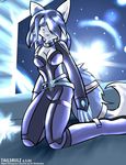  blue blue_eyes blue_hair canine collar female fox hair hair_over_eye kneeling krystal looking_at_viewer solo star_fox tail tail_band tailsrulz video_games 
