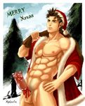  1boy abs chest christmas hat male male_focus muscle nature outdoors pecs penis santa_costume santa_hat santa_suit sex_toy sky solo yaoi 