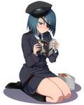  1girl black_legwear black_socks blue_eyes blue_hair blush clarissa_harfouch comic_book ebs eyepatch hat infinite_stratos kneehighs kneeling laura_schwarzerhase manga manga_(object) military military_uniform no_shoes reading seiza short_hair sitting smile solo uniform white_background 