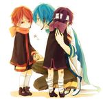  akaito akiyoshi_(tama-pete) bandages blue_hair blue_nails blue_scarf bow child fatherly headset holding_hands hug kaito looking_away male_focus multiple_boys nail_polish purple_hair purple_scarf red_hair red_nails red_scarf scarf sleeves_past_wrists socks squatting taito_(vocaloid) trembling vocaloid white_legwear younger 