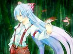  bamboo bamboo_forest blue_hair bow dress_shirt fire forest fujiwara_no_mokou glowing glowing_eye hair_bow hand_in_pocket long_hair nature pants red_eyes sari_(sat-00) shirt solo suspenders touhou very_long_hair 