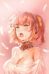  bare_shoulders bow_(bhp) breasts cleavage earphones face feathers green_eyes large_breasts microphone open_mouth original ponytail red_hair short_hair solo tongue upper_body 