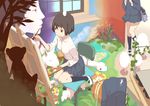  animal art_brush bag black_eyes black_hair canvas_(object) chair cushion easel kneehighs multiple_girls mushroom object_on_head oekaki_musume original paintbrush painting palette plant school_uniform shoes short_hair sitting skirt sleeves_rolled_up smile surreal tree tree_stump utu uwabaki wariza window 