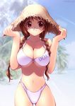  bikini braid breast_squeeze breasts brown_hair cleavage hat hentai huge_breasts iizuki_tasuku kasumi swimsuit twin_braids underboob 