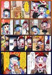  2girls :&gt; :3 blue_hair cat closed_eyes comic covering_mouth fish frills hand_over_own_mouth hinanawi_tenshi jizeru_(giselebon) multiple_girls musical_note nagae_iku purple_hair red_eyes sign touhou translated 