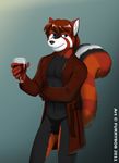  5_fingers alcohol beverage black_fur black_nose blue_eyes bulge clothing cyan_eyes drink ear_tuft fur furrybob glass gradient_background hair looking_at_viewer male mammal muscles open_shirt pecs red_fur red_hair red_panda ringed_tail shirt skunk solo standing tail thong tuft underwear wine 