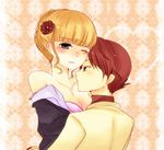  1girl beatrice blonde_hair blue_eyes blush bra breasts cleavage couple flower formal hair_ornament hetero jacket lingerie medium_breasts momonkii red_hair umineko_no_naku_koro_ni underwear ushiromiya_battler 