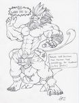  claws digimon dragon ear_piercing earring fangs feline gay guilmon leomon lion male muscles penis piercing reptile scalie sketch standing tattoo tkc2021 