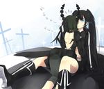  backless_outfit bare_back black_hair black_rock_shooter black_rock_shooter_(character) blue_eyes boots burning_eye cross dead_master expressionless gloves green_hair hand_on_head highres hinagi_(fox_priest) horns hug jacket long_hair multiple_girls short_hair sitting tears very_long_hair wings yuri 