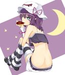  back ban_(bannyata) breasts butt_crack crescent_moon doughnut eating food green_eyes hat highres looking_back merry_nightmare midriff moon pointy_ears purple_hair ribbon short_hair sitting skirt small_breasts solo striped striped_legwear thighhighs underboob yumekui_merry 