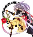  bad_id bad_pixiv_id blazblue blue_eyes boots copyright_name flower gloves hakumen hyakuhachi_(over3) long_hair ponytail red_hair silver_hair sword tsubaki_yayoi weapon 