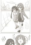  casual comic greyscale hair_ornament hairclip hamioura hirasawa_yui holding_hands k-on! long_hair monochrome multiple_girls musical_note nakano_azusa short_hair shorts translated twintails yuri 