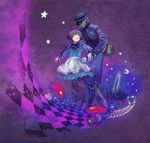  1girl a_(shiei_no_sona-nyl) aya_namihei blue_dress boots brown_hair checkered city dark_skin dress frills gathers ground_vehicle height_difference lily_(shiei_no_sona-nyl) moon mushroom pantyhose petticoat shiei_no_sona-nyl short_hair star steampunk_(liarsoft) train white_hair 