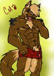  boxer_briefs canine claws cursedmarked ear_piercing fangs grin licking looking_at_viewer male muscles piercing presenting red_eyes sheath solo standing tail tongue underwear wolf 