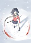  black_hair blood character_request copyright_request digital_media_player eyepatch hair_ornament hairclip headphones jacket nagian red_eyes scarf short_hair skirt snow solo sword weapon 