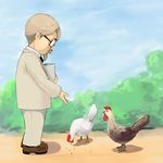  bird chicken colonel_sanders day facial_hair feeding glasses goatee irony kfc kuroko_(piii) male_focus old_man solo white_hair 