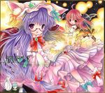  animal_ears bad_id bad_pixiv_id bat_wings bespectacled blush book cat_ears crescent glasses hat head_wings kemonomimi_mode koakuma long_hair marker_(medium) minigirl multiple_girls patchouli_knowledge purple_eyes purple_hair red_eyes red_hair sakurai_tamako sample shikishi touhou traditional_media wings 