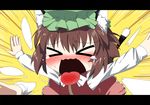 &gt;_&lt; :p animal_ears blush brown_hair cat's_tongue cat_ears cat_tail chen closed_eyes earrings flapping jewelry kaiza_(rider000) letterboxed open_mouth short_hair solo tail tears tongue tongue_out touhou 