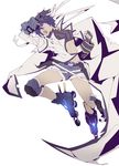  belt blue_eyes blue_hair fingerless_gloves gloves highres inline_skates jacket knee_pads lyrical_nanoha mach_caliber mahou_shoujo_lyrical_nanoha_strikers midriff noisyu open_mouth revolver_knuckle roller_skates short_hair shorts skates solo subaru_nakajima 