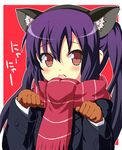  brown_eyes gloves k-on! k_hiro long_hair nakano_azusa paw_pose purple_hair scarf school_uniform solo twintails 