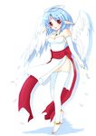  angel_wings anklet back_bow bare_shoulders barefoot blue_hair bow dress facial_mark feathers filia_(star_ocean) forehead_mark full_body gloves halo jewelry light_blue_hair miyako_(mongcocoa) necklace pointy_ears red_eyes ribbon short_hair simple_background smile solo star_ocean star_ocean_the_second_story thighhighs white_gloves white_legwear wings zettai_ryouiki 
