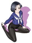  black_hair black_legwear blush bottomless brown_eyes crotch_seam feet hand_on_foot kobayakawa_rinko legs love_plus no_panties pantyhose plantar_flexion school_uniform serafuku shadow short_hair simple_background sitting solo stretch thighband_pantyhose uraharukon 