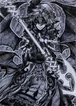  bat_wings chotto greyscale hat highres koumajou_densetsu monochrome remilia_scarlet solo spear_the_gungnir touhou wings 