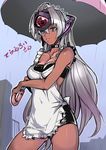  apron artist_request blue_eyes breasts cleavage cyborg dark_skin large_breasts long_hair silver_hair solo t-elos thighs umbrella xenosaga 