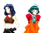  2girls belt blue_hair blush choker dress embarrassed farah_oersted gloves green_eyes green_hair hand_on_hip long_hair marone_bluecarno midriff navel red_eyes ribbon_choker short_hair shy star sword tales_of_(series) tales_of_eternia tattoo weapon yuri 