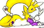  2004 blue_eyes breasts canine claws digimon elbow_gloves face_markings female fox looking_at_viewer on_front raised_tail renamon solo tail unknown_artist yellow 