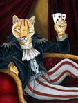  &#9827; bulge card cat ear_piercing earring feline ladyjekyll male mammal piercing playing_card solo tabby three_of_clubs yellow_eyes 