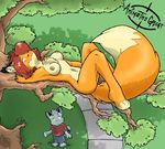  animethegreat being_watched breasts canine chest_tuft female fox hair on_back orange pussy red_hair short_hair short_red_hair tail tracy_oleniacz tree 
