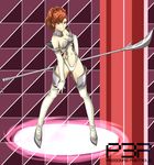  armor asymmetrical_hair bikini_armor breasts female_protagonist_(persona_3) high-cut_armor medium_breasts naginata panty_&amp;_stocking_with_garterbelt panty_(psg) parody persona persona_3 persona_3_portable polearm red_eyes red_hair solo thighhighs weapon 