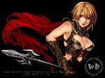  armpits bangs breasts brown_hair cape cleavage cleavage_cutout corset elbow_gloves fantasy fighting_stance gloves hair_between_eyes highres large_breasts lips lipstick looking_away magic_lancer_(red_stone) makeup midriff official_art open_mouth polearm red_eyes red_stone short_hair simple_background solo spear torn_cape torn_clothes turtleneck upper_body wallpaper weapon yuki_hayabusa 