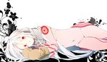  albino bad_id bad_pixiv_id blush bodysuit deadman_wonderland gloves long_hair lying mittens on_side open_mouth pale_skin petitbisou red_eyes shiro_(deadman_wonderland) skin_tight solo white_hair 