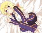  bad_feet barefoot bed blonde_hair blush breasts charlotte_dunois chata_maru_(irori_sabou) cleavage infinite_stratos lying medium_breasts purple_eyes solo track_suit 