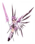  aisha_(elsword) armor bare_shoulders bodysuit boots choker elsword full_body gloves greaves hair_ornament highres knee_boots konoha_(viewakiakiaki) mecha_musume polearm purple_eyes purple_hair short_hair simple_background smile solo spear weapon white_background wings 