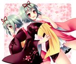  :d akai_ito dutch_angle flower green_hair hairband hand_on_hip japanese_clothes mikage_(akai_ito) moko_ko multiple_girls nozomi_(akai_ito) open_mouth orange_eyes short_hair siblings sisters smile twins wide_sleeves 