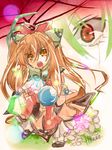  bow brown_eyes brown_hair dress faize_scheifa_beleth flower full_body green_hair hair_ribbon hanon_(nonty) holding holding_wand long_hair lymle_lemuri_phi red_eyes ribbon sidelocks star_ocean star_ocean_the_last_hope tears twintails wand 