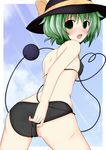  adjusting_clothes adjusting_swimsuit bakko bikini blush cameltoe from_behind green_eyes green_hair hat highres komeiji_koishi looking_back solo swimsuit touhou 