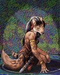  canine dagger dark_hair fantasy female jewelry sitting solo susan_van_camp unimpressed weapon wolf 