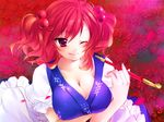  bad_id bad_pixiv_id breasts cleavage flower from_above kiseru large_breasts one_eye_closed onozuka_komachi petals pink_eyes pink_hair pipe short_hair smile solo sorai_mahiru spider_lily touhou two_side_up upper_body 