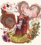  alice_(wonderland) alice_in_wonderland armchair blonde_hair bunny card chair cheshire_cat clock crossed_legs cup faux_figurine floating_card flower hairband highres instrument long_hair mary_janes mushroom pansy pantyhose pink_flower pink_rose playing_card rose shoes sitting solo tanukiudon-umai teacup trumpet white_legwear 