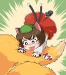  :3 animal_ears bad_id bad_pixiv_id blush brown_eyes brown_hair cat_ears chen chibi earrings fangs fingernails grimoire-may hat holding_another's_tail jewelry mary_janes multiple_tails shoes solo_focus tail tail_grab tail_hug touhou v-shaped_eyebrows yakumo_ran 