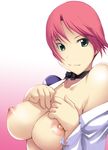  breasts female gradient gradient_background green_eyes large_breasts nipples open_clothes open_shirt red_hair rio rio_rollins shirt short_hair smile solo super_blackjack 